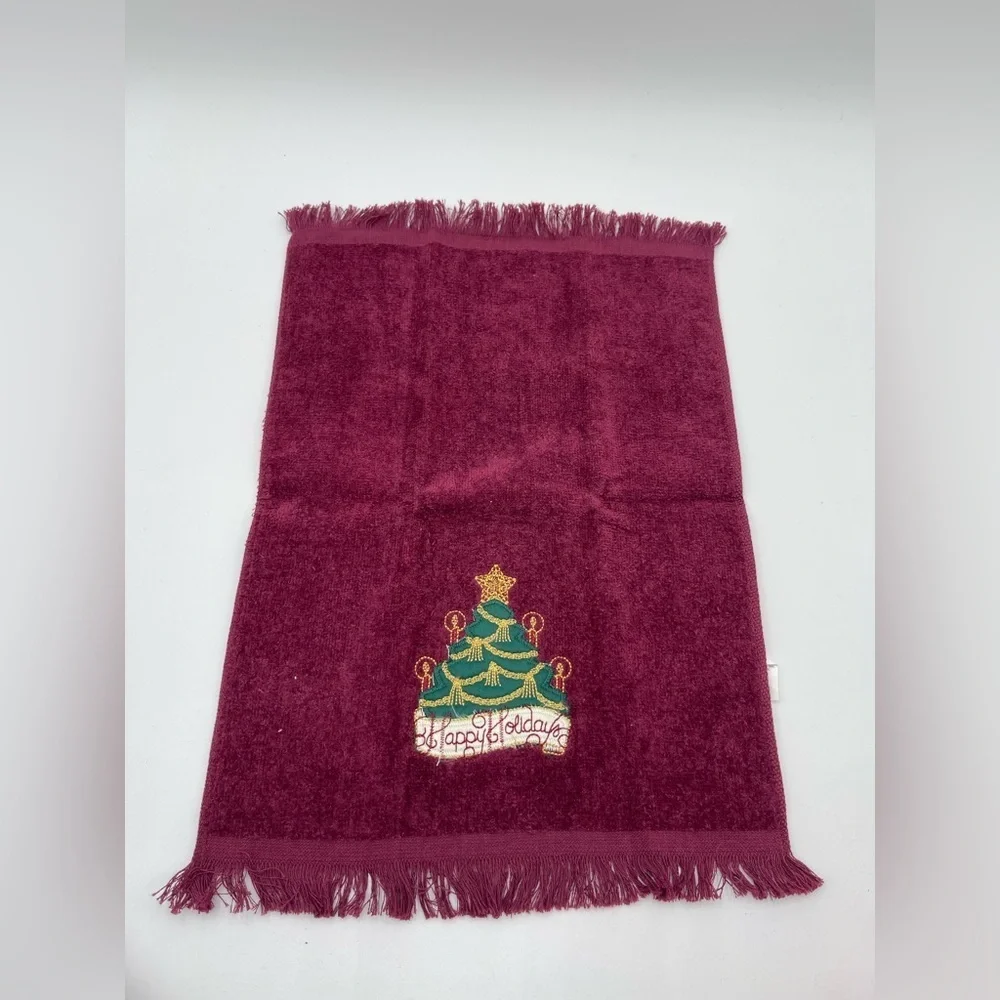 Vtg Christmas Fringe fingertip Hand towels x5 Burgundy Maroon Santa Made in USA